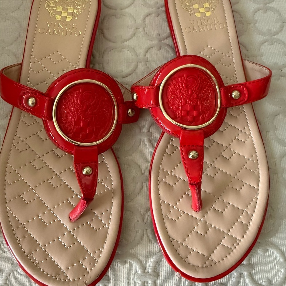 Vince Camuto Red Thong Sandals with Medallion Design